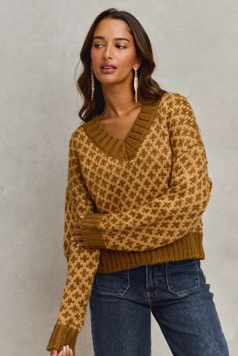 Color Block Textured Christmas Sweater V Neck Top, image 10