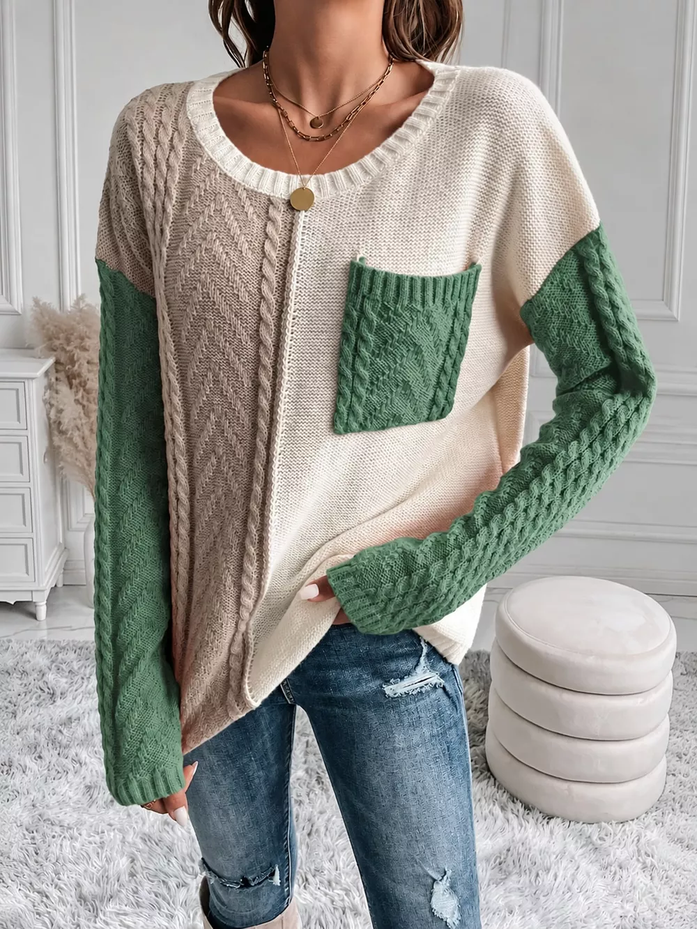 Color Block Cable Knit Sweater, image 7
