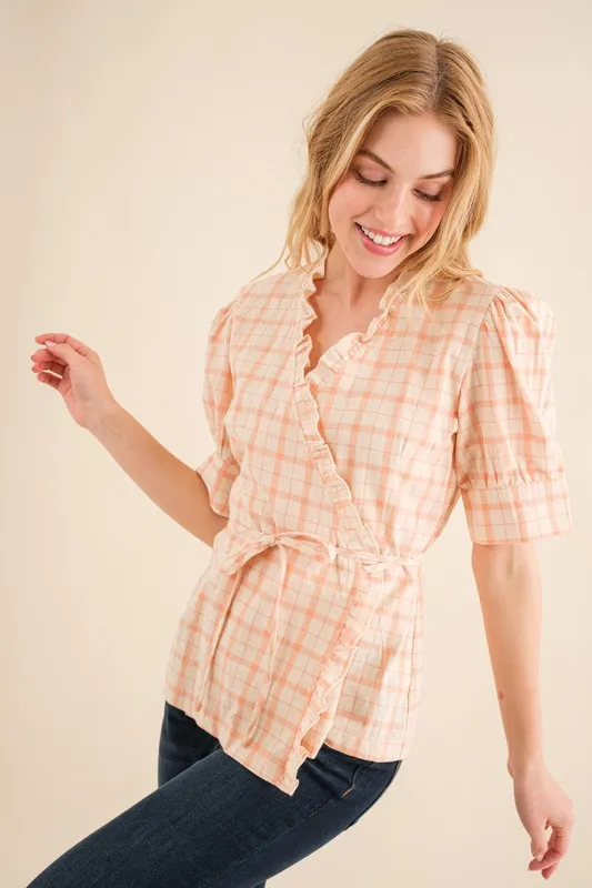 Plaid Patterned and Ruffled Wrap Blouse Top, image 3