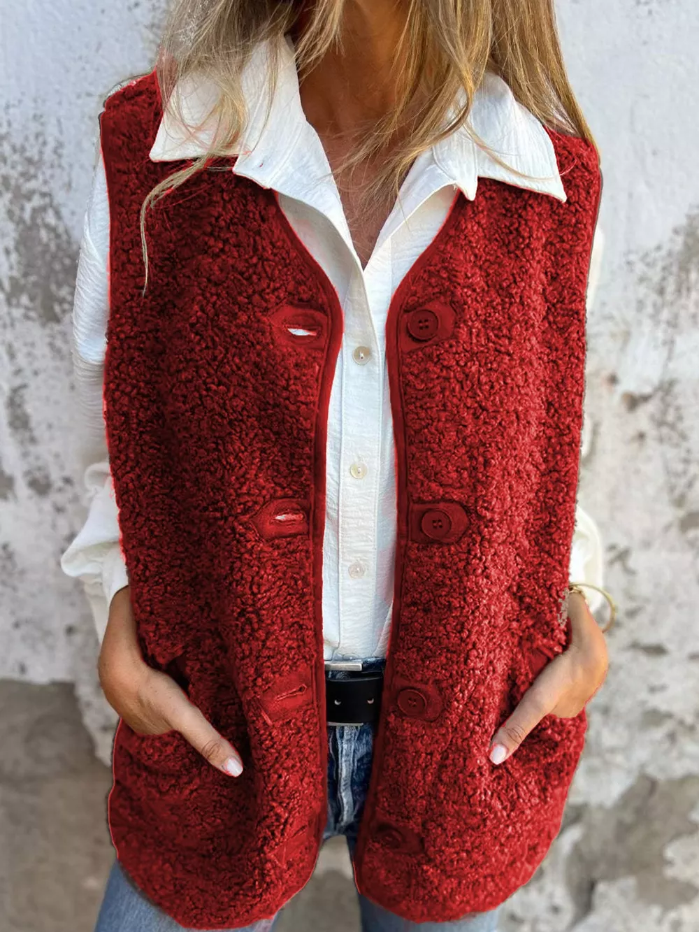 Full Size Sherpa Button-Down Vest Coat Plus Size, image 8