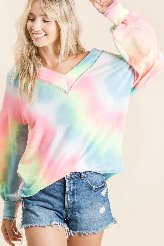 Tie Dye French Terry V-Neck Top with Puff Sleeves