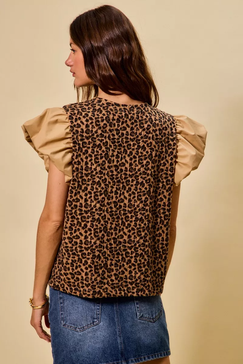 Leopard Pointelle Knit Top with Puff Sleeves, image 6