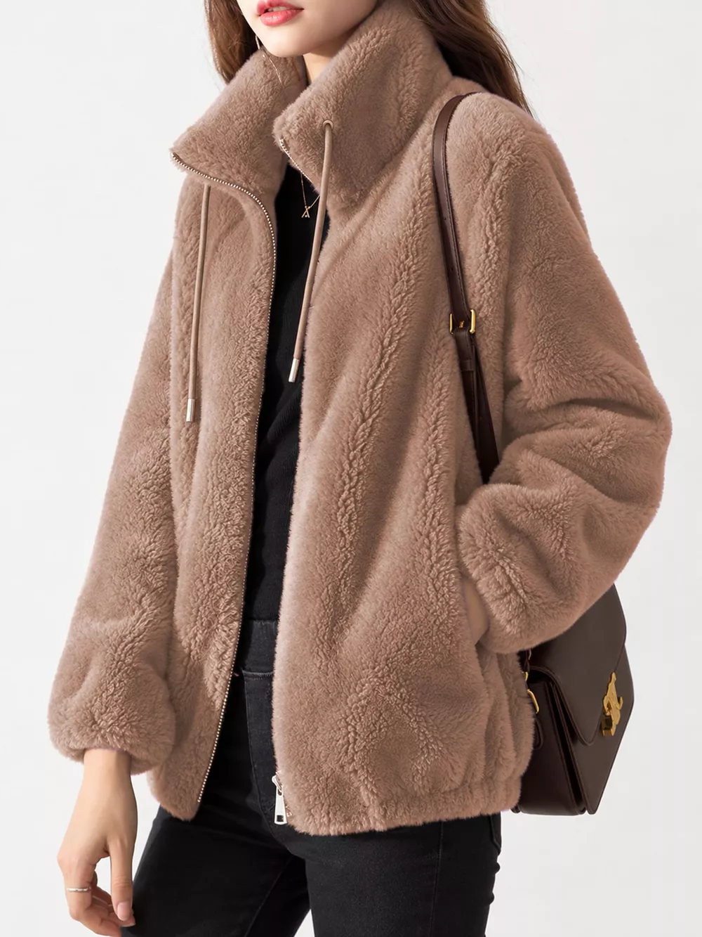 Full Size Drawstring Faux Fur Stand-Collar Zip-Up Outerwear Plus Size, image 32