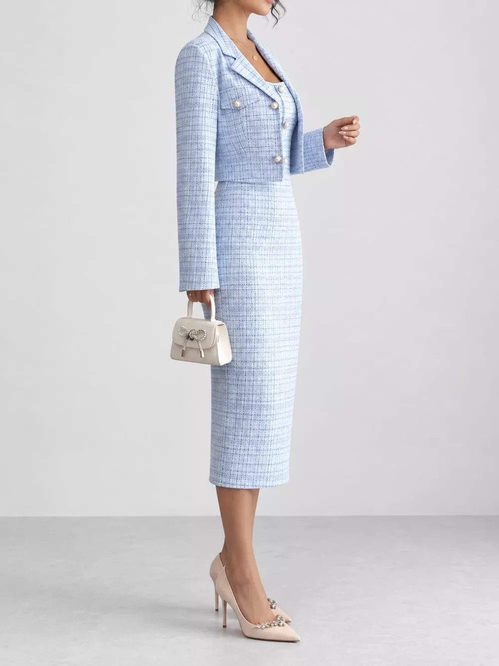 Tweed Square Neck Dress and Cardigan Set, image 11