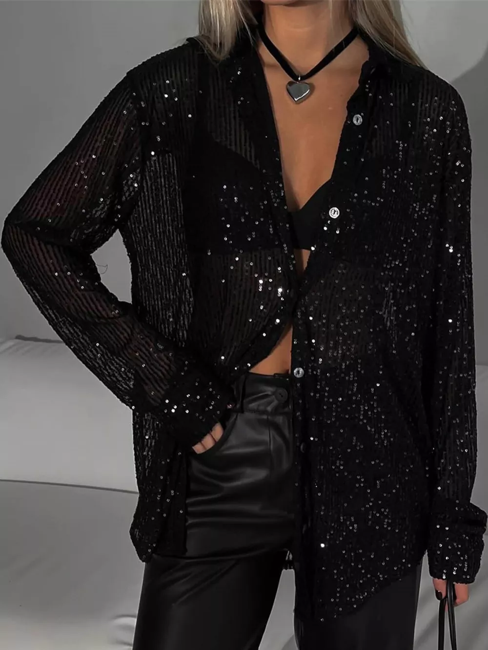 Full Size Sequin Button-Down Shirt Plus Size, image 15