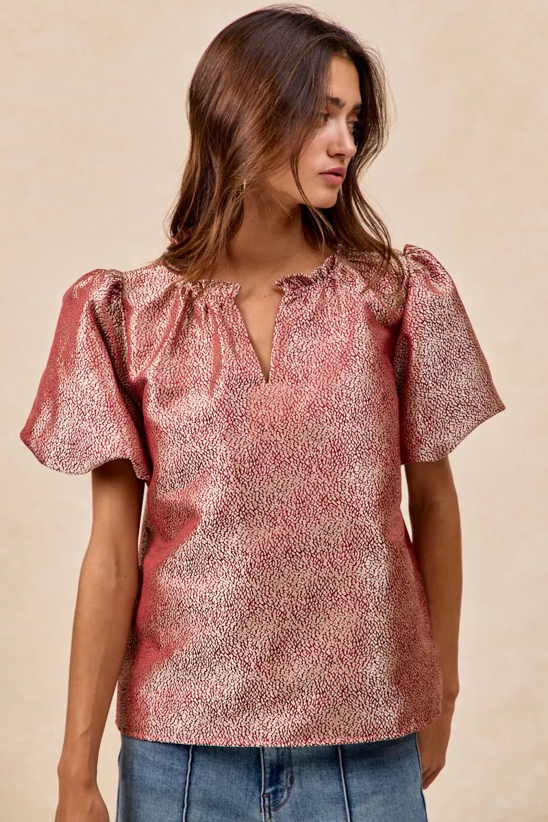 Jacquard Woven Short Balloon Sleeves V Neck Top, image 5