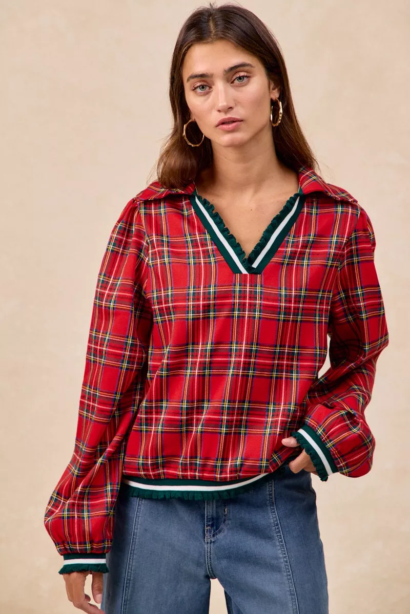 Christmas Plaid Collared Top with Ruffled Detail, image 13