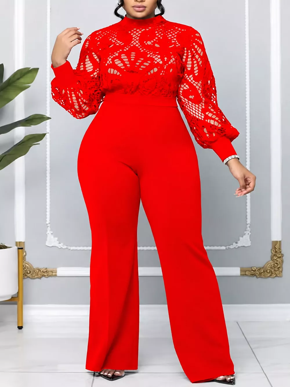 Full Size Lace Lantern Sleeve Flare Jumpsuit Plus Size, image 7
