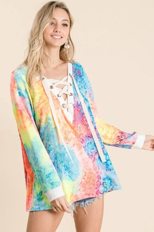 Tie Dye Deep V-neck Top With Lace Up Front, image 5