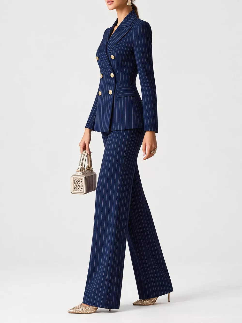 Double-Breasted Pinstripe Blazer and Wide-Leg Pants Set, image 4