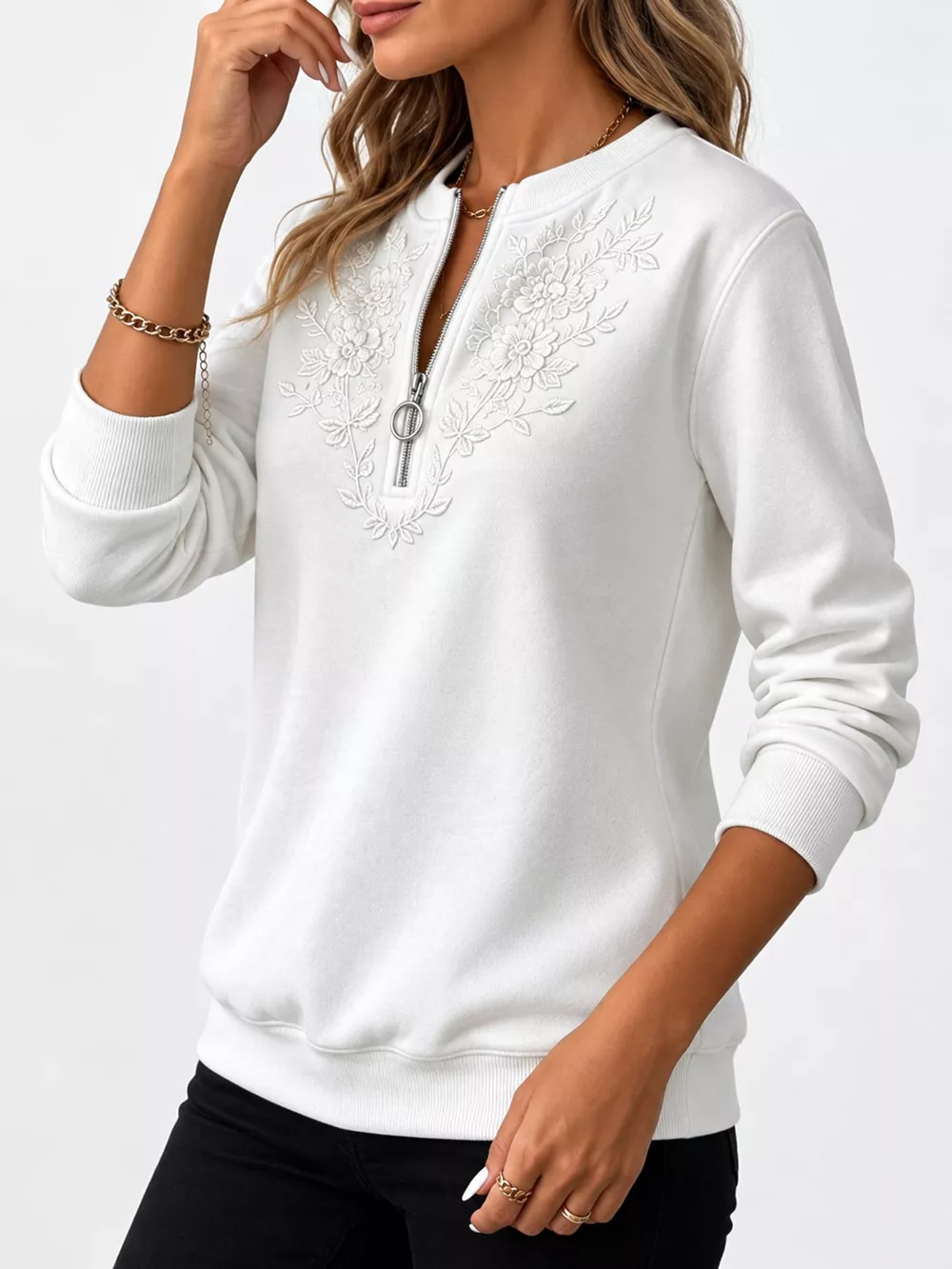 Floral Embroidered Quarter-Zip Sweatshirt, image 9