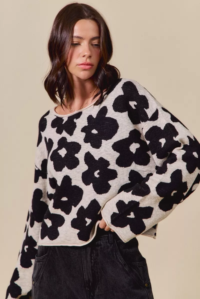 Loose Fit Flower Lightweight Sweater Top, image 7