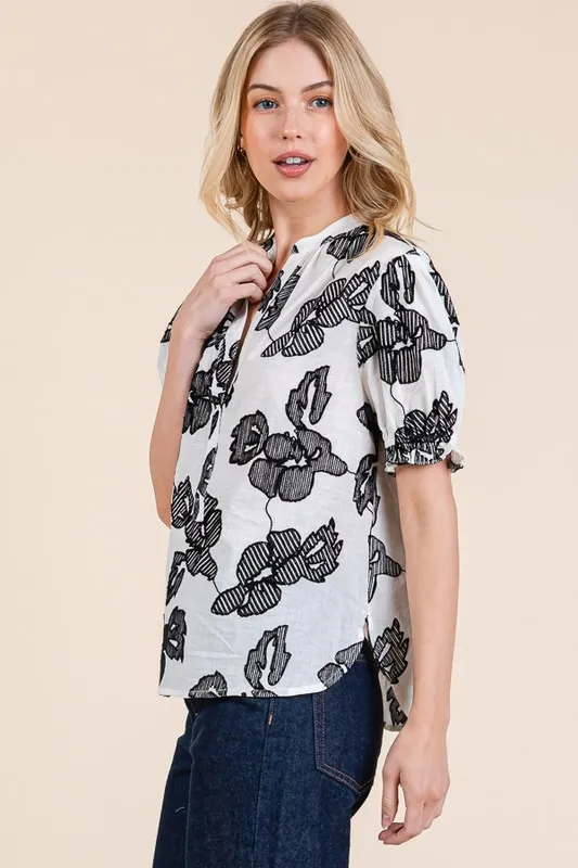 Embroidered Split Neck Puff Sleeve Blouse, image 4