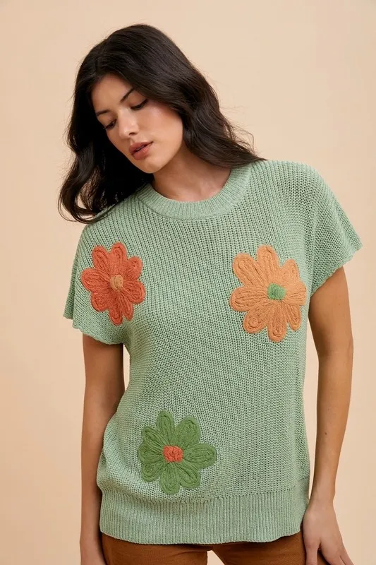 Large Flower Embo Dolman Sleeve Summer Sweater Top, image 3