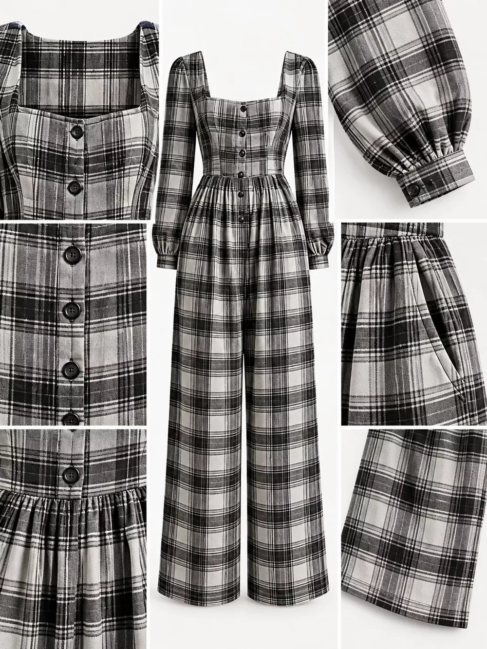 Plaid Square Neck Long Sleeve Wide-Leg Jumpsuit, image 14
