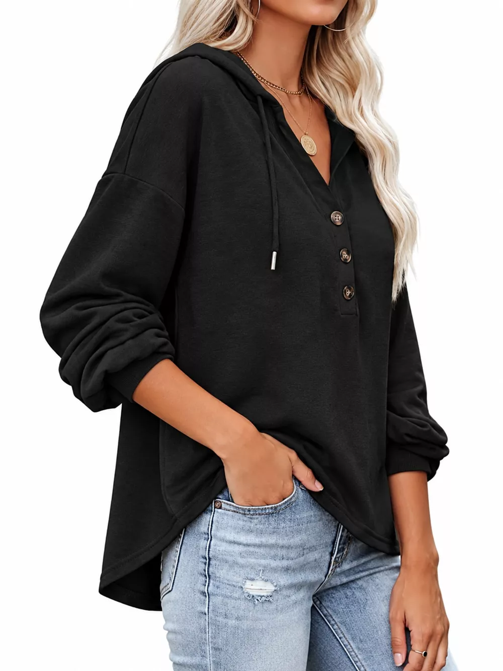 Drawstring Dropped Shoulder Hoodie, image 2