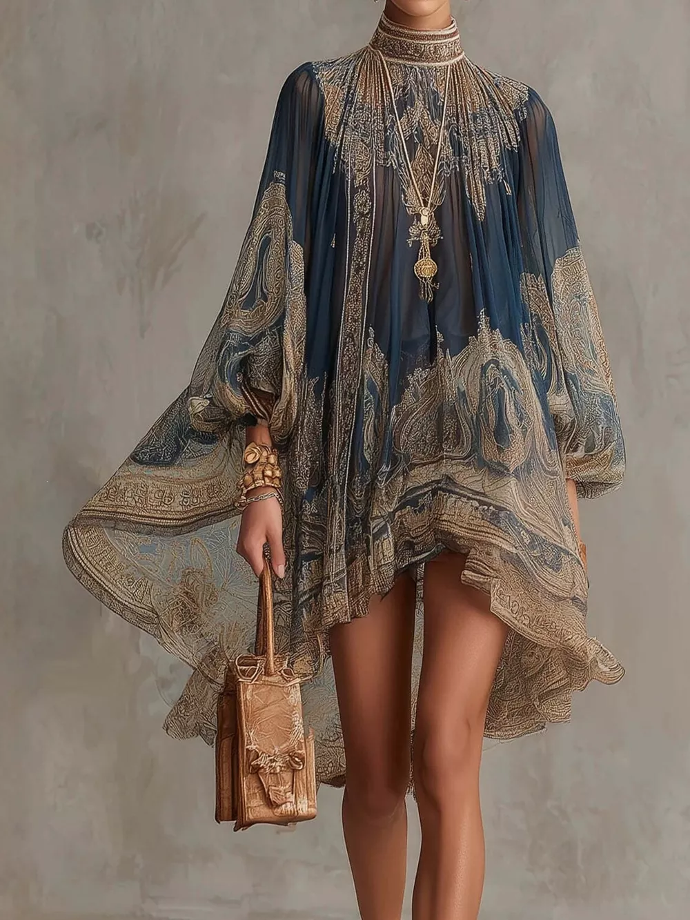 Full Size Paisley Print Chiffon High-Low Mini Dress Plus Size