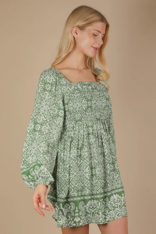 Printed Smocked Chest Boho Mini Dress, image 3