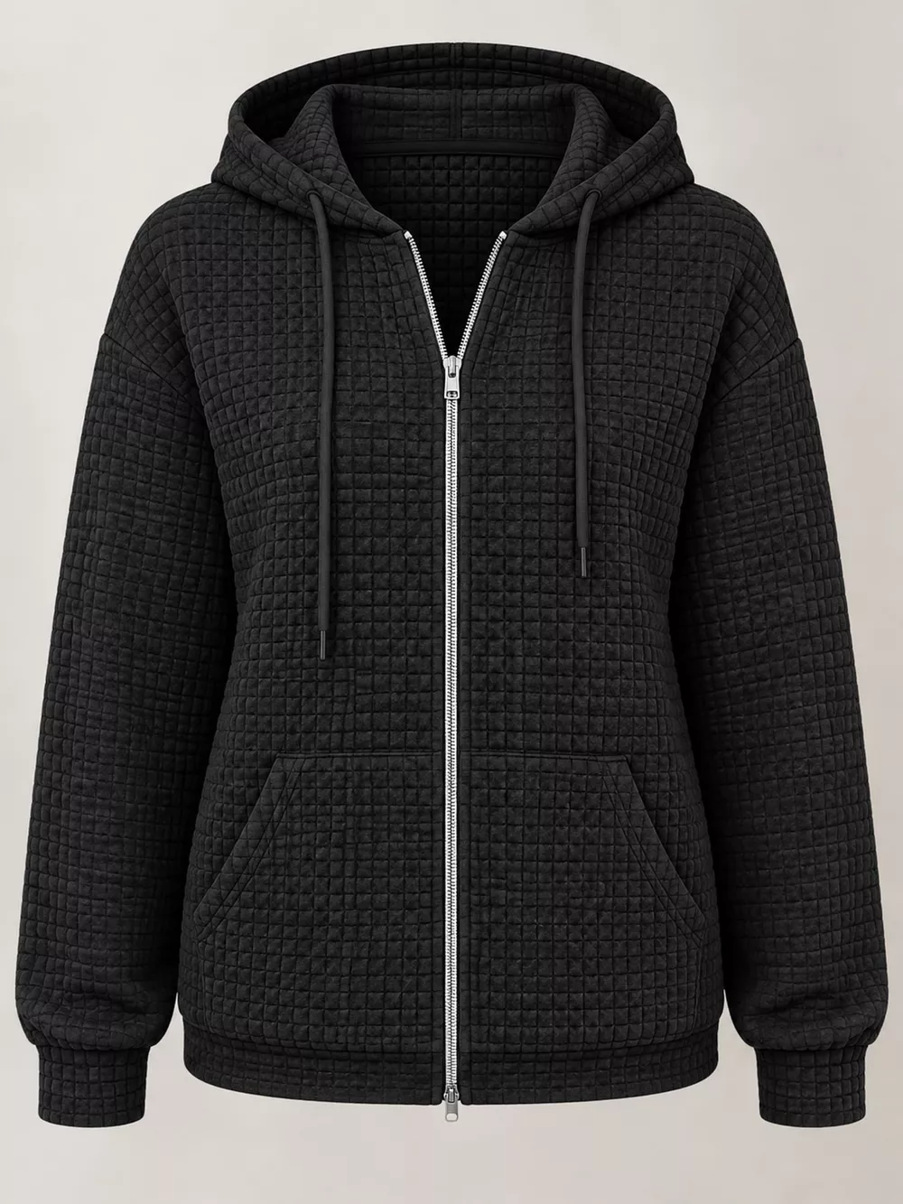 Waffle Knit Zip-Up Hoodie with Drawstring and Pockets, image 4