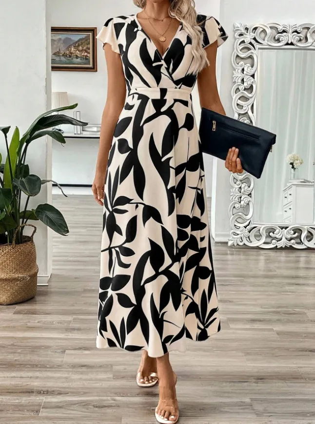 Printed Surplice Wrap Midi Dress, image 5