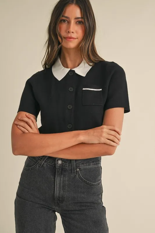 Button Down Contrast Collared Knit Cardigan
