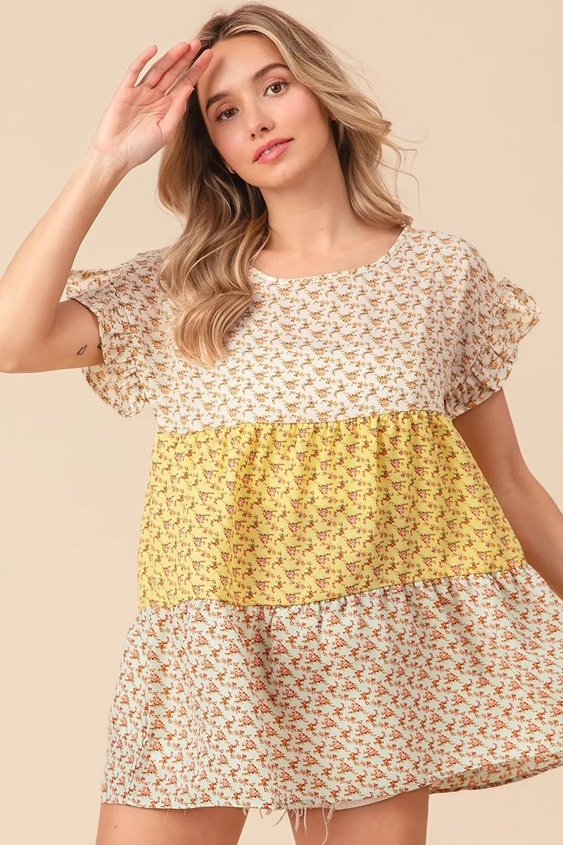 Flroal Printed Woven Color Block and Tiered Top, image 10