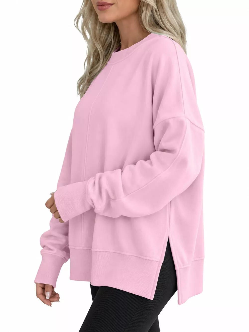 Oversized Crew Neck Sweatshirt with Side Slit, image 37