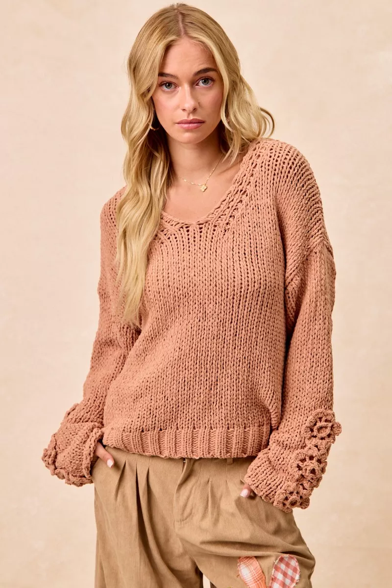 Chunky Knit Sweater with Flower Detail Sleeves, image 13