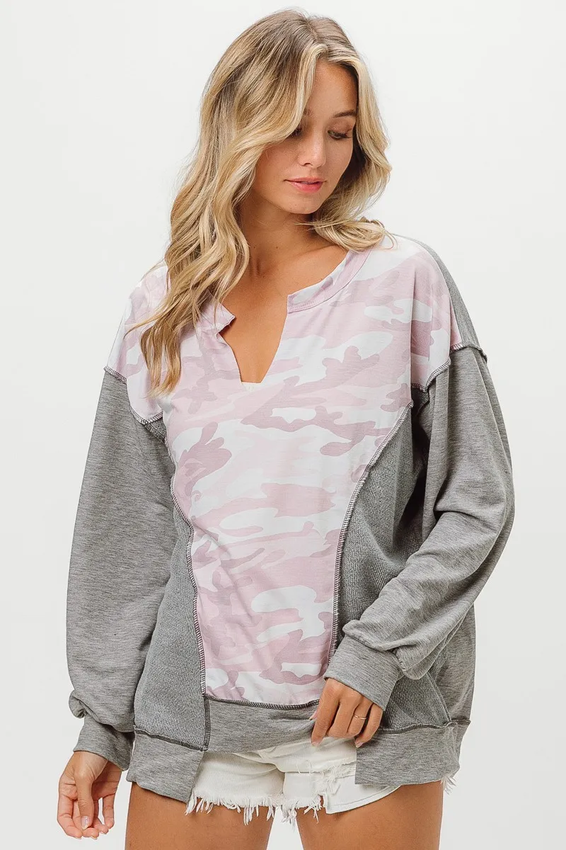 Camo Printed French Terry Knit Color Block Top