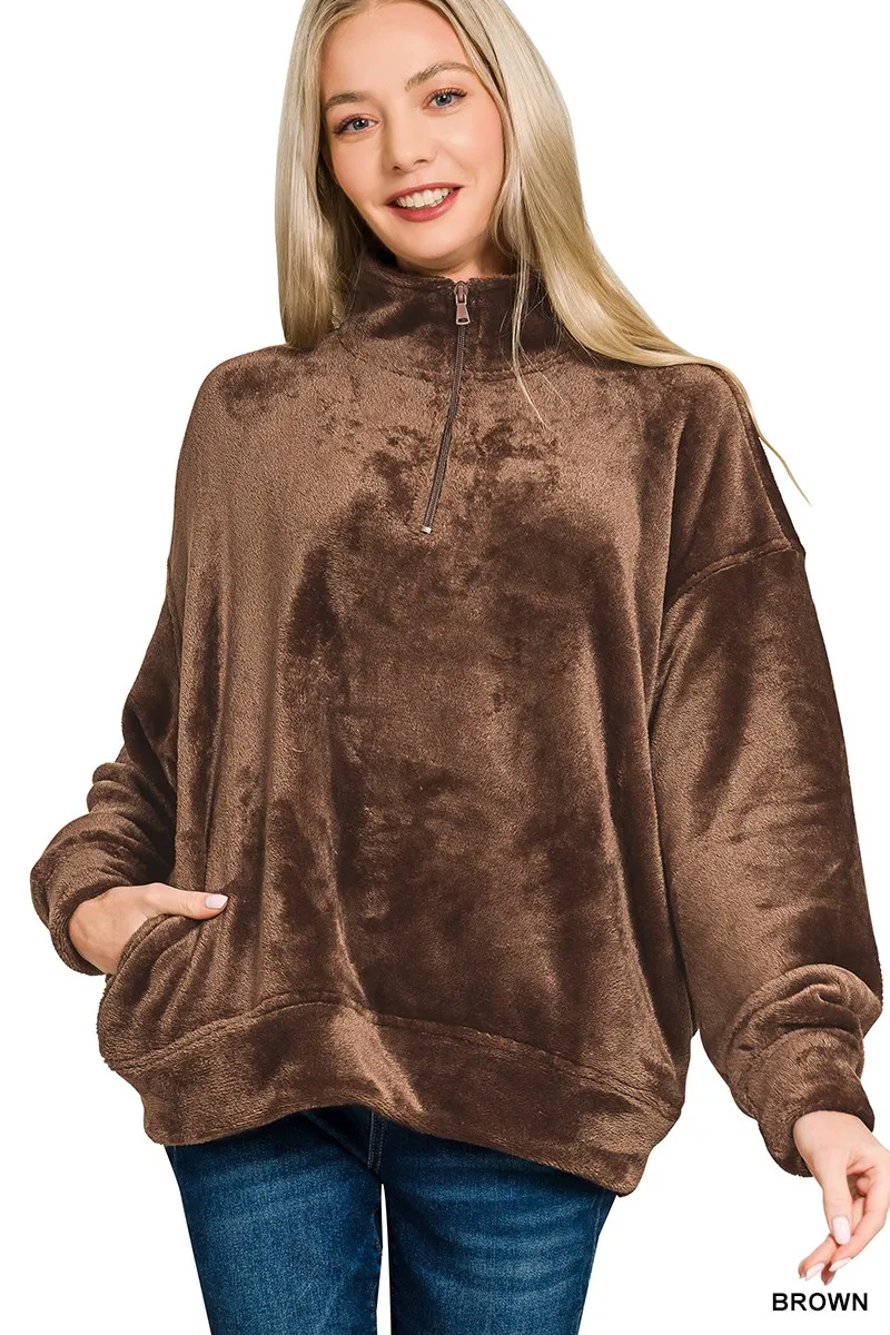 Faux Fur Half Zip Pocket Pullover, image 2