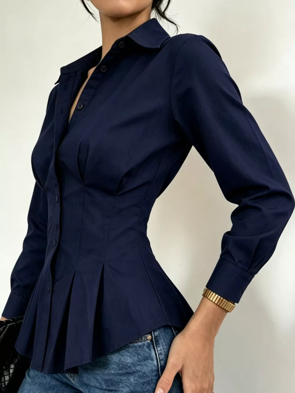 Button-Down Peplum Blouse with Fitted Waist, image 9