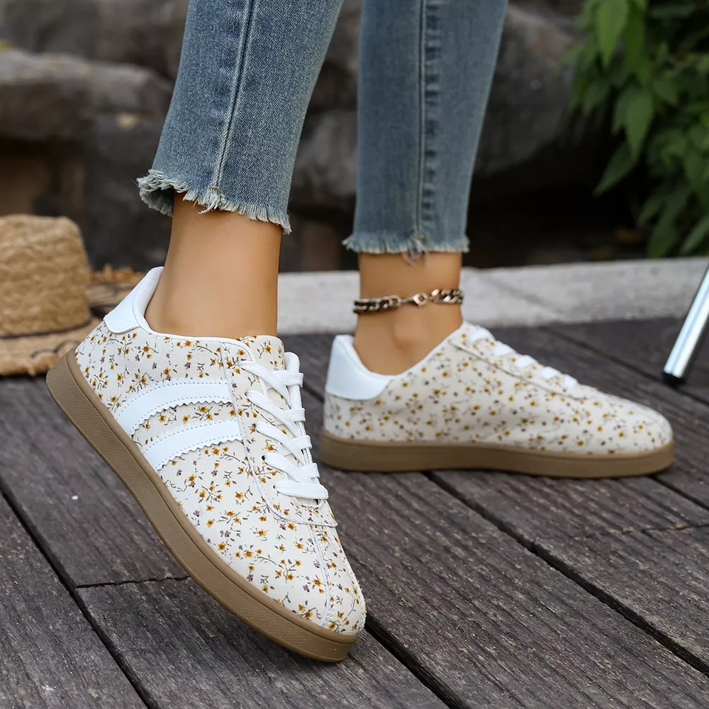 Floral Print Sneakers with Side Stripes, image 4
