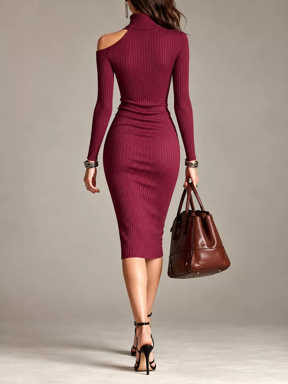 Cold-Shoulder Turtleneck Ribbed Knit Dress, image 9