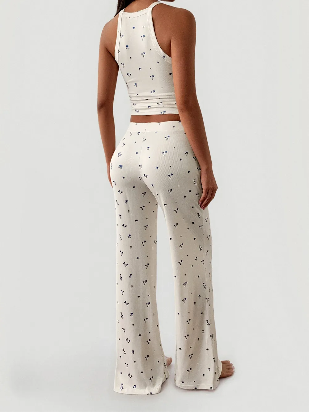 Floral Ribbed Cami and Wide Leg Pants Set, image 2