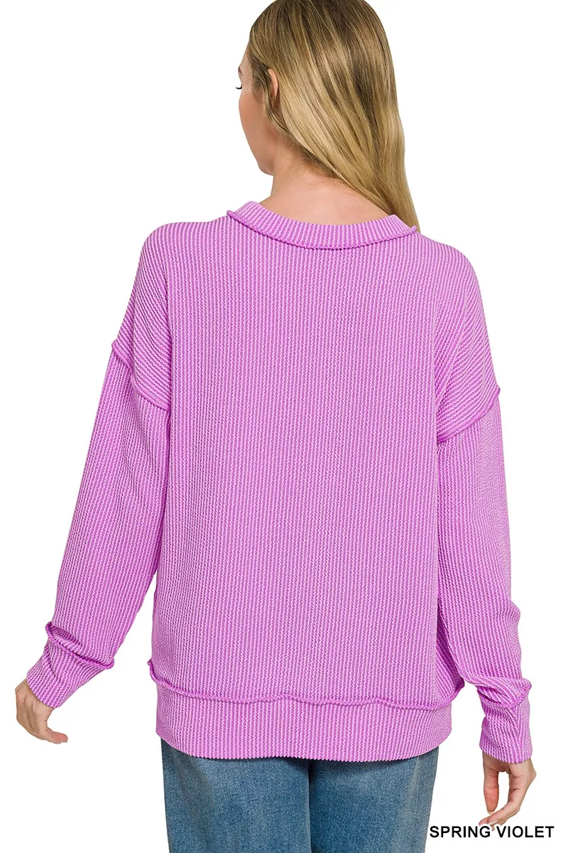 Zenana Corded Rib Long Sleeve Round Neck Top, image 3