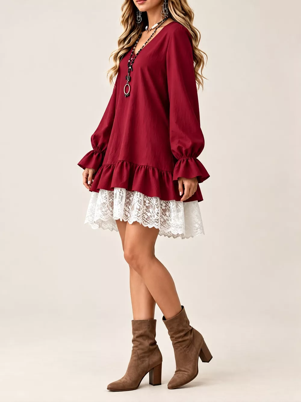 Lace Hem V-Neck Flounce Sleeve Dress, image 12