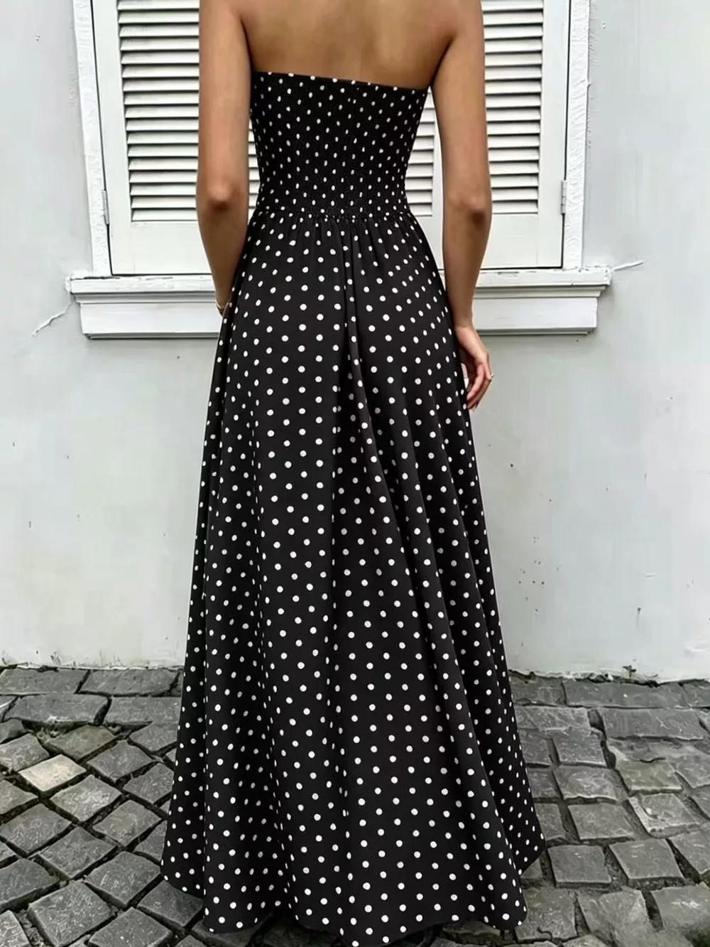 Strapless Polka Dot Ruched Maxi Dress, image 11