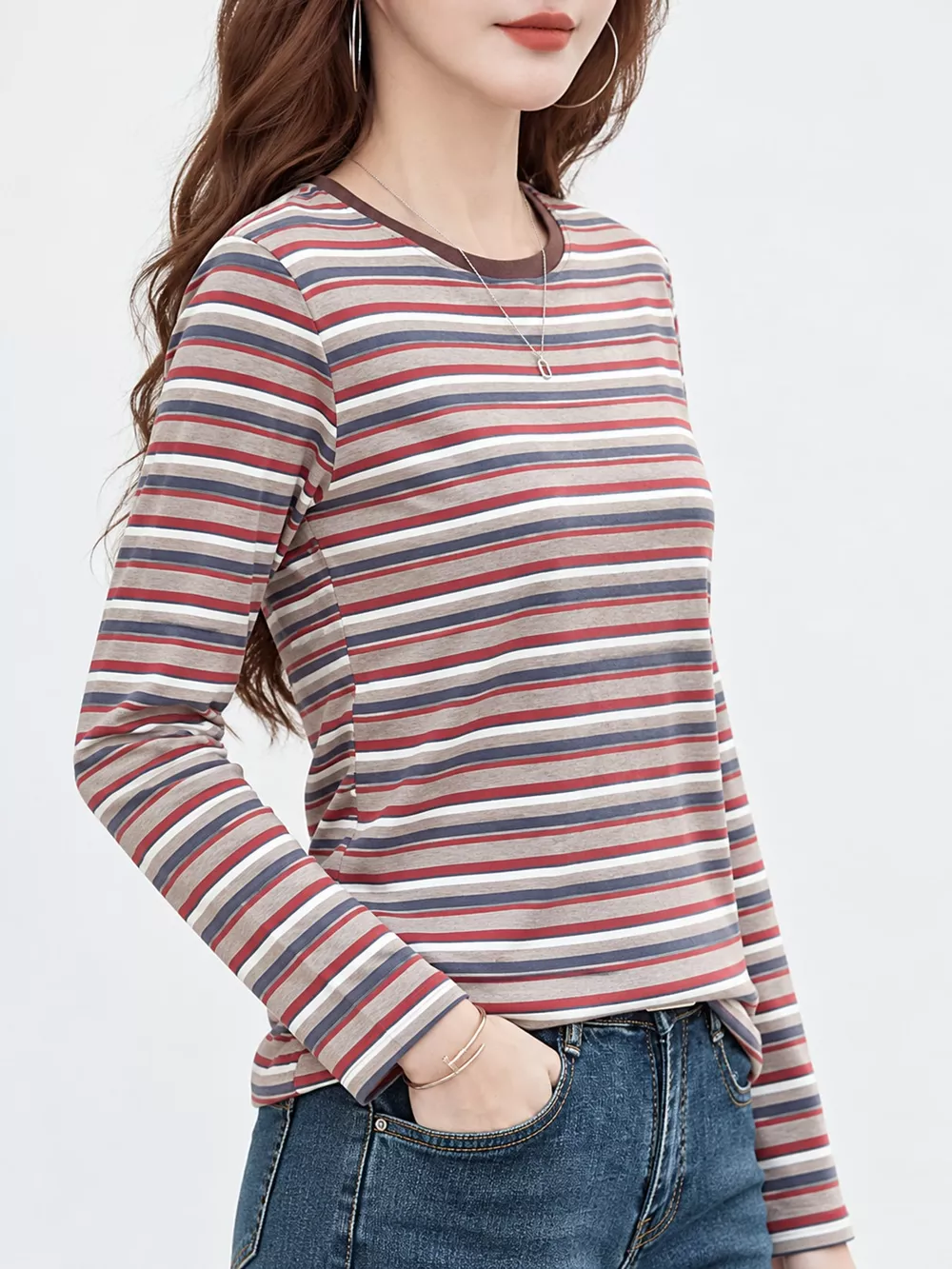 Full Size Long Sleeve Striped Crew Neck Casual T-Shirt Plus Size, image 6