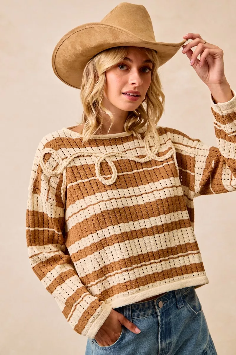 Striped Open Knit Sweater Top with Front Braided Detail, image 8