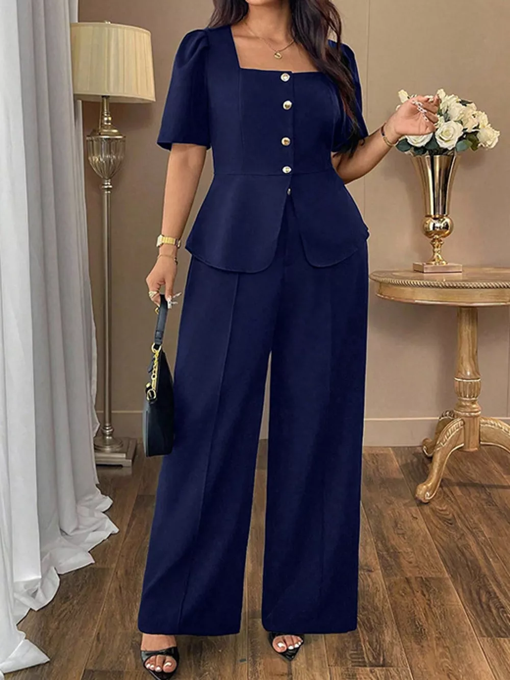 Plus Size Peplum Top and Wide-Leg Pants Two-Piece Set, image 10