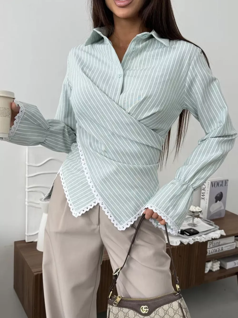 Lace Trim Long Sleeves Striped Shirt, image 21