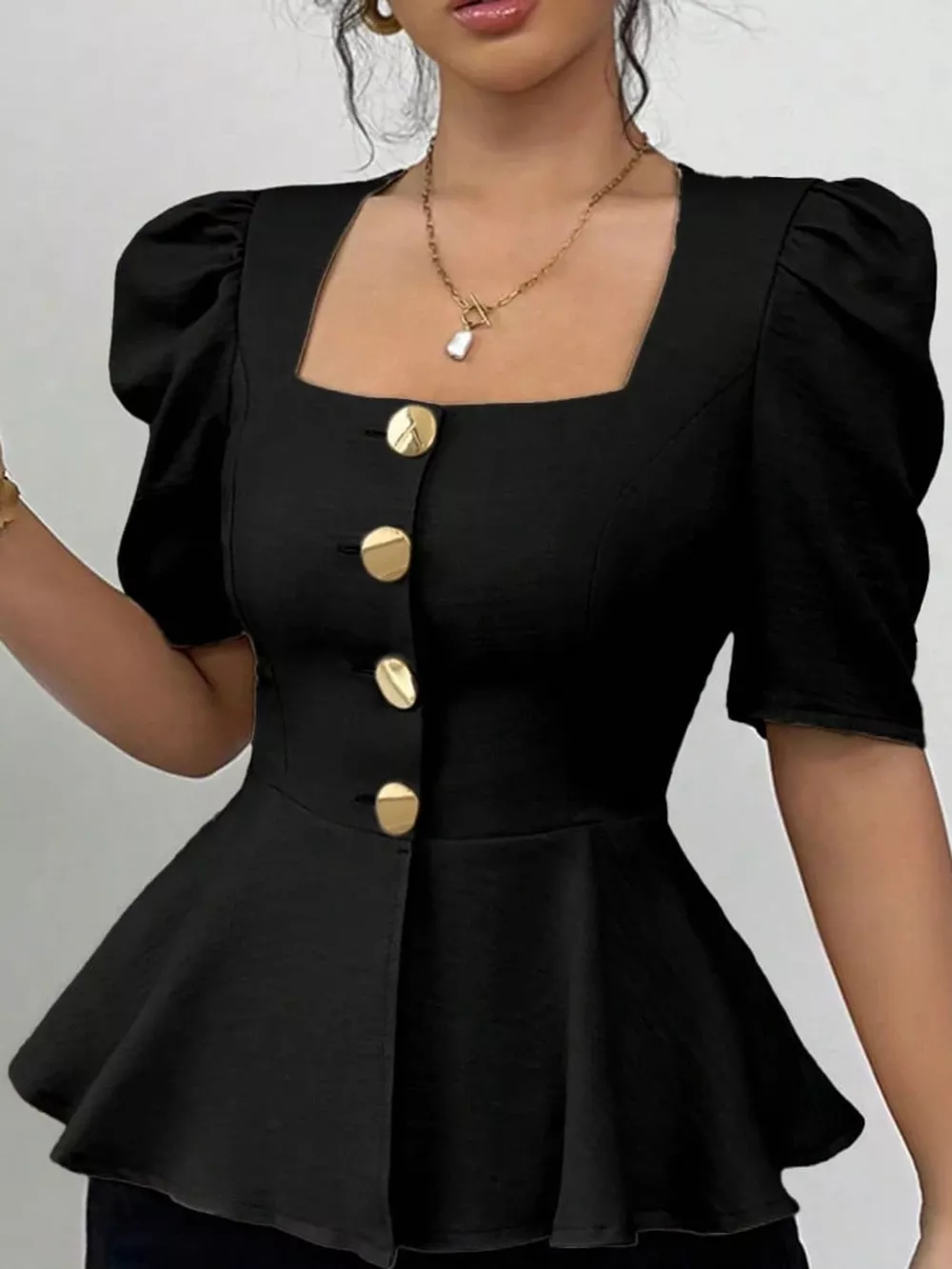 Square Neck Puff Sleeve Peplum Blouse