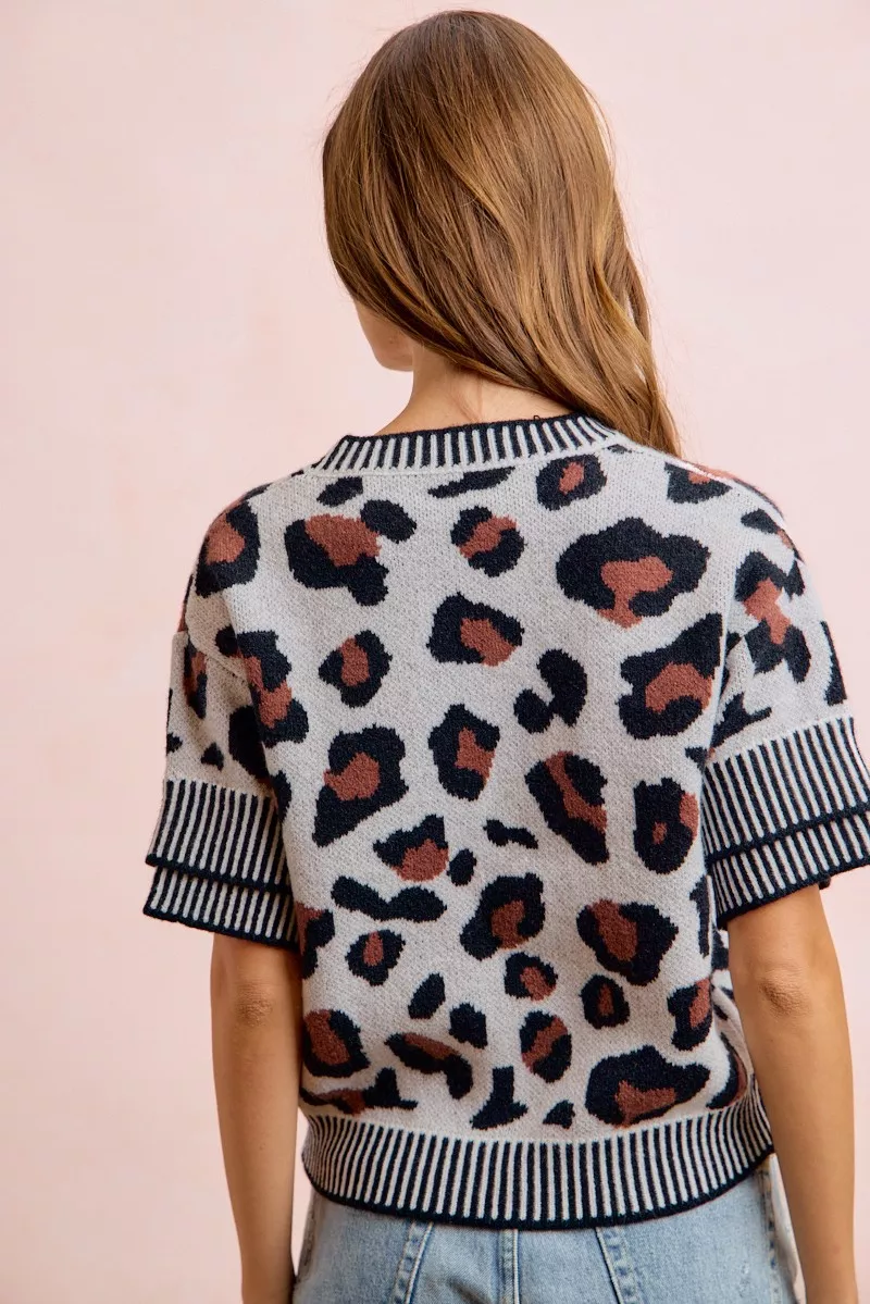 BiBi Two Tone Detail Leopard Knit Double Sleeves Top, image 2