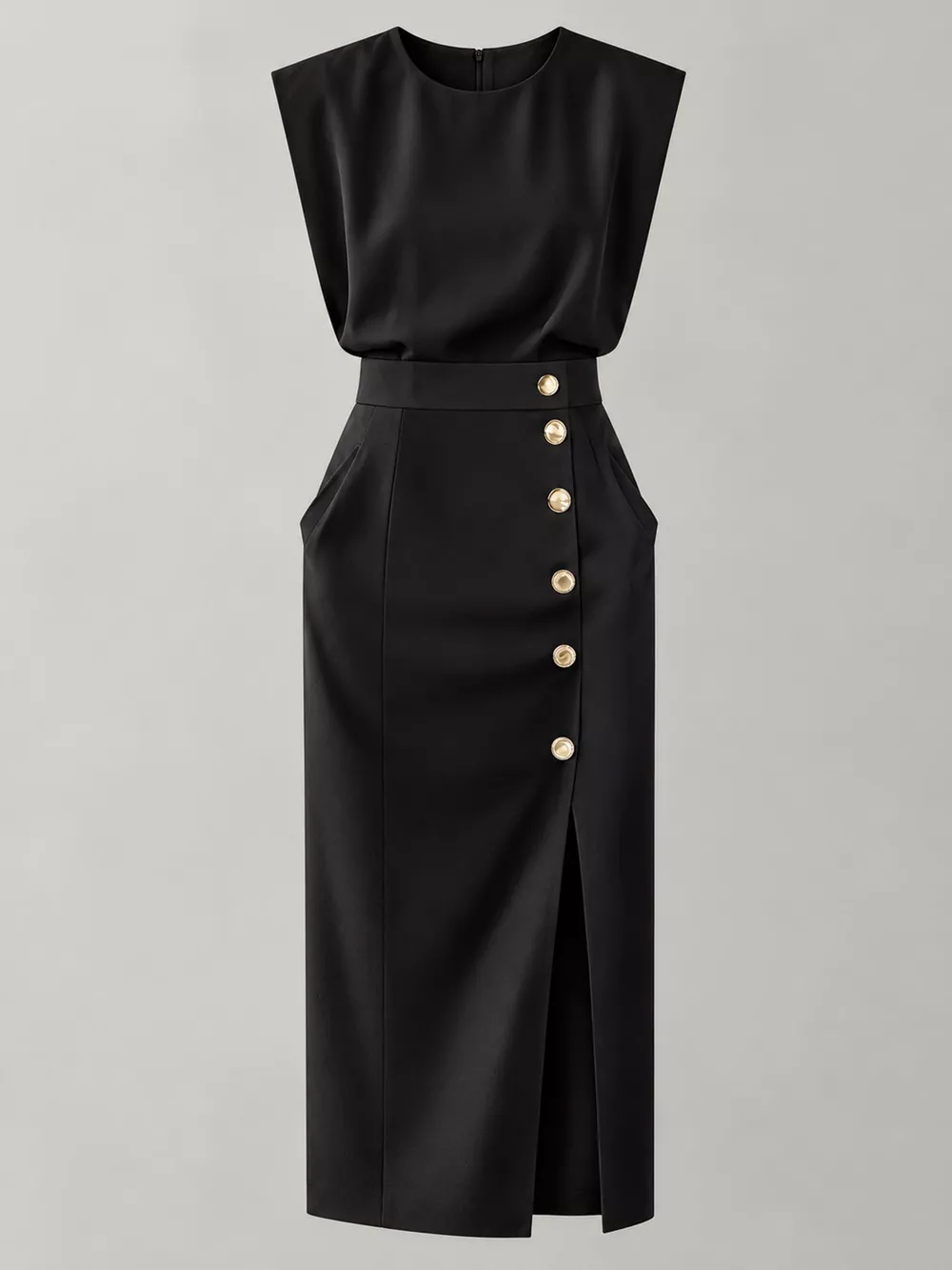 Sleeveless Midi Dress with Gold Button Detail and Side Slit, image 4