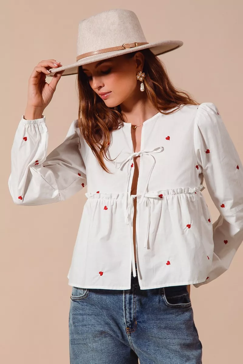 Front Tie Heart Embroidered Blouse With Puff Sleeve, image 6