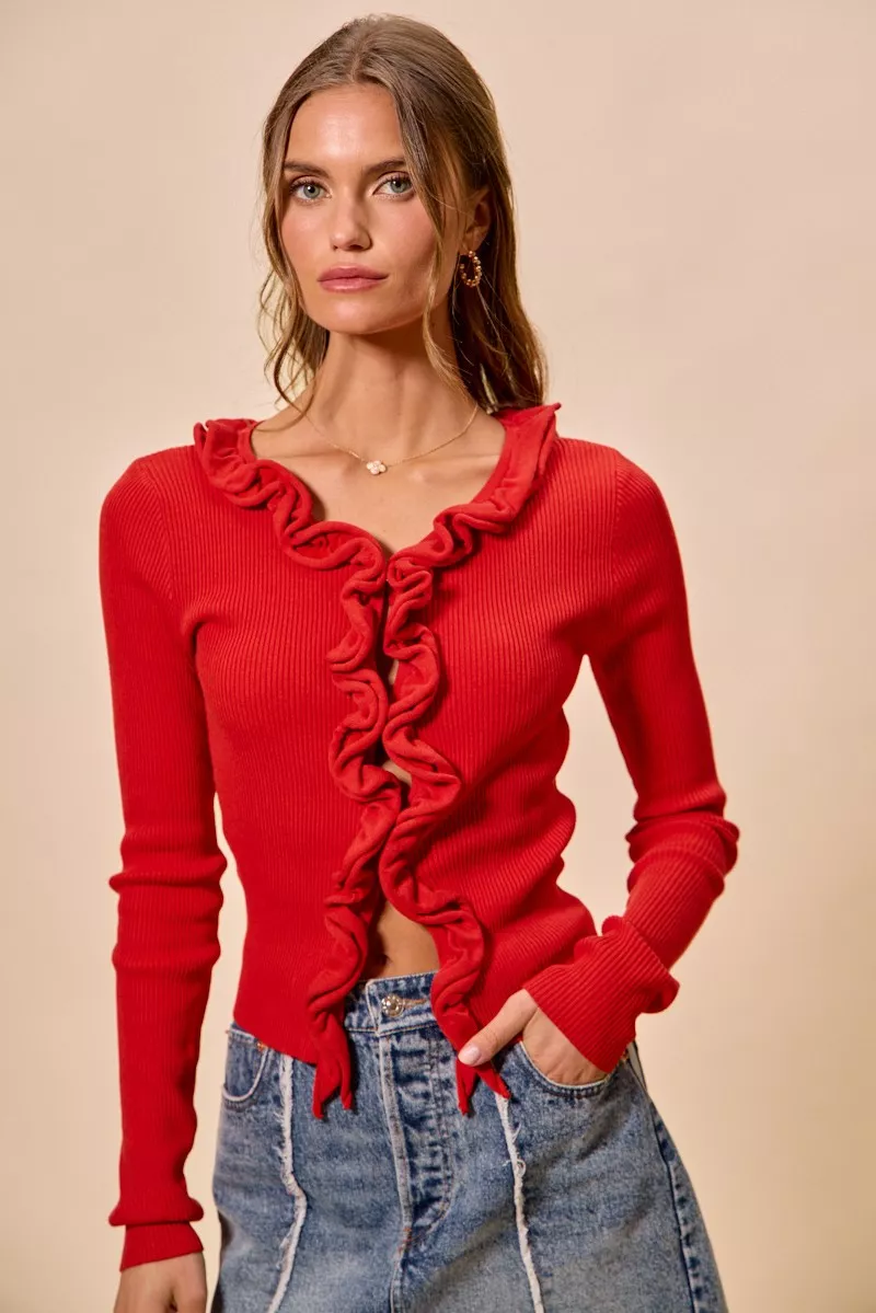 Cascade Ruffle Ribbed Sweater Cardgian, image 16