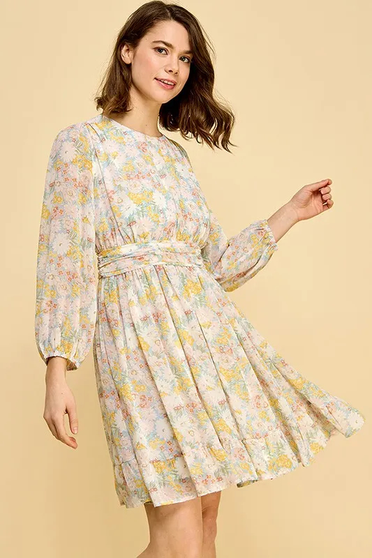 Chiffon Floral Print Belted Dress with Back Zipper, image 5