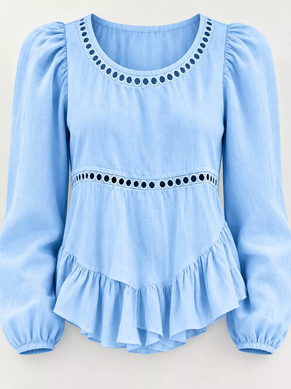 Long Sleeve Blouse with Eyelet Lace Trim and Ruffled Hem, image 22