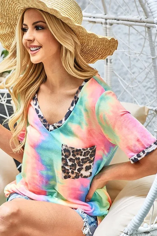 Tie Dye Print V Neck Top With Front Patch Pocket, image 4