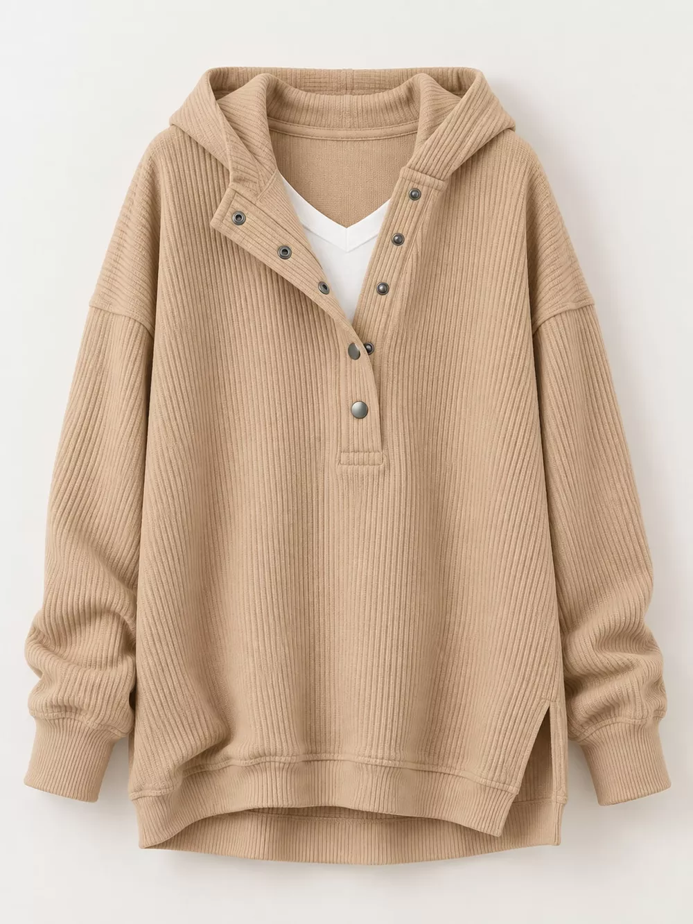 Full Size Snap Button Placket Dropped Shoulder Hoodie Plus Size, image 26